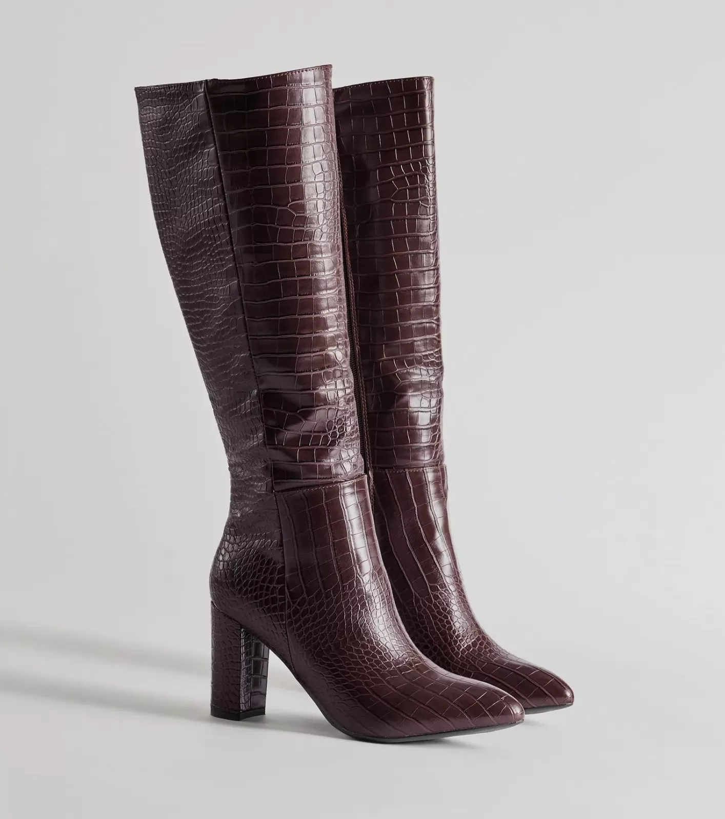 Windsor Chic Moment Faux Leather Croc-Embossed Under the Knee Boots BROWN Clearance