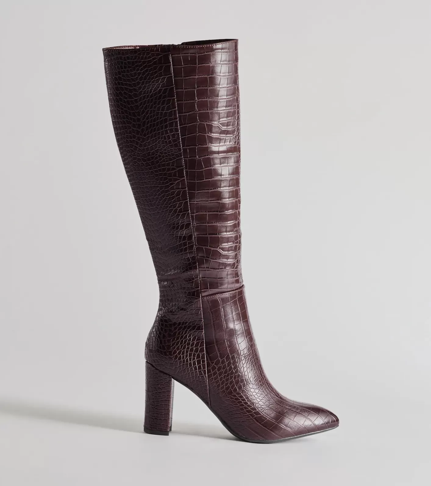 Windsor Chic Moment Faux Leather Croc-Embossed Under the Knee Boots BROWN Clearance