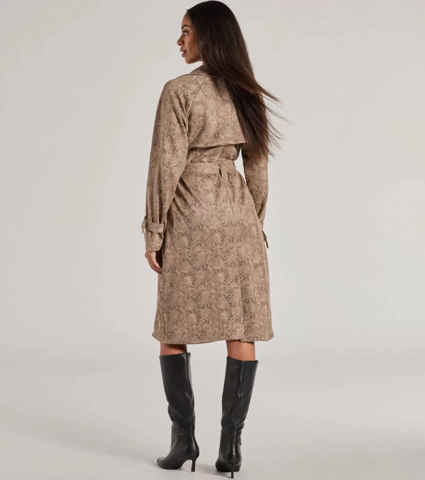 Windsor Chic Mood Snake Print Faux Suede Trench Coat TAUPE Clearance