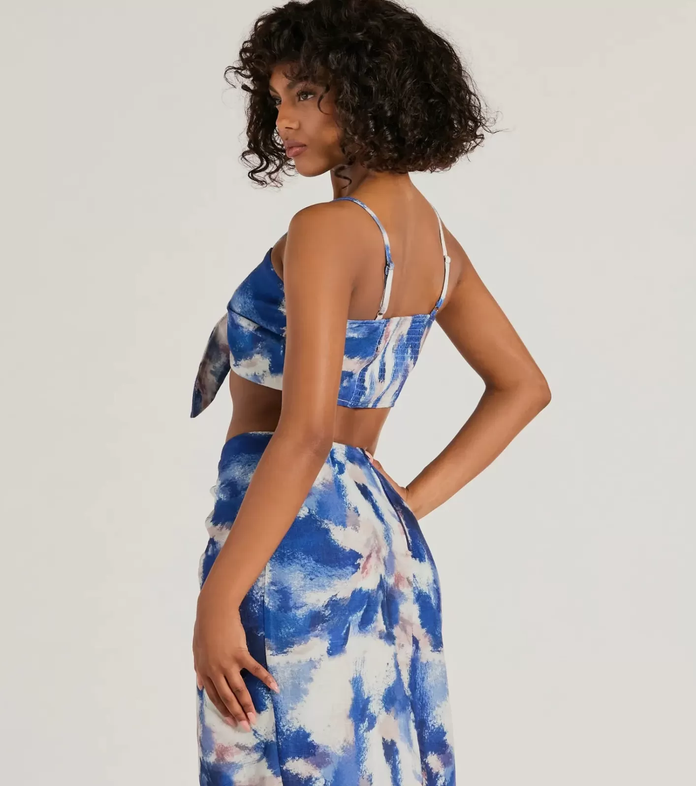 Windsor Chic Muse Watercolor Tie-Front Crop Top BLUE New