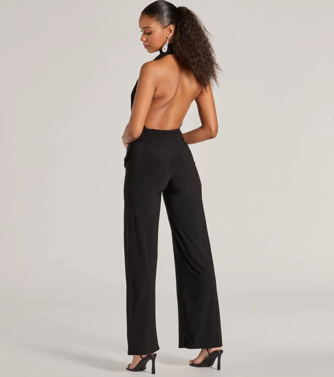 Windsor Chic Position Plunge Scarf Straight-Leg Jumpsuit BLACK Cheap