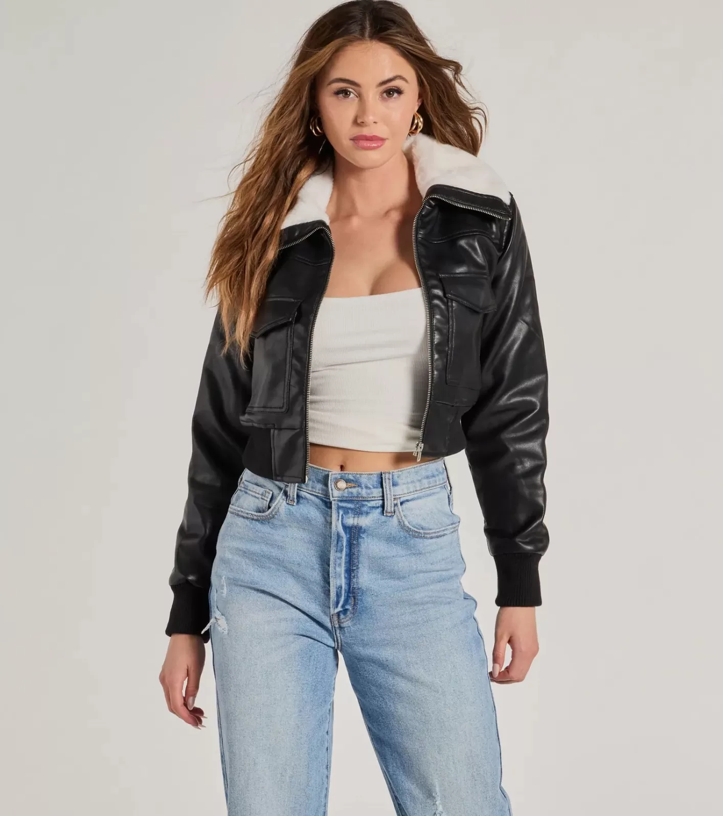 Windsor Chic Sherpa Collared Faux Leather Bomber Jacket BLACK Store