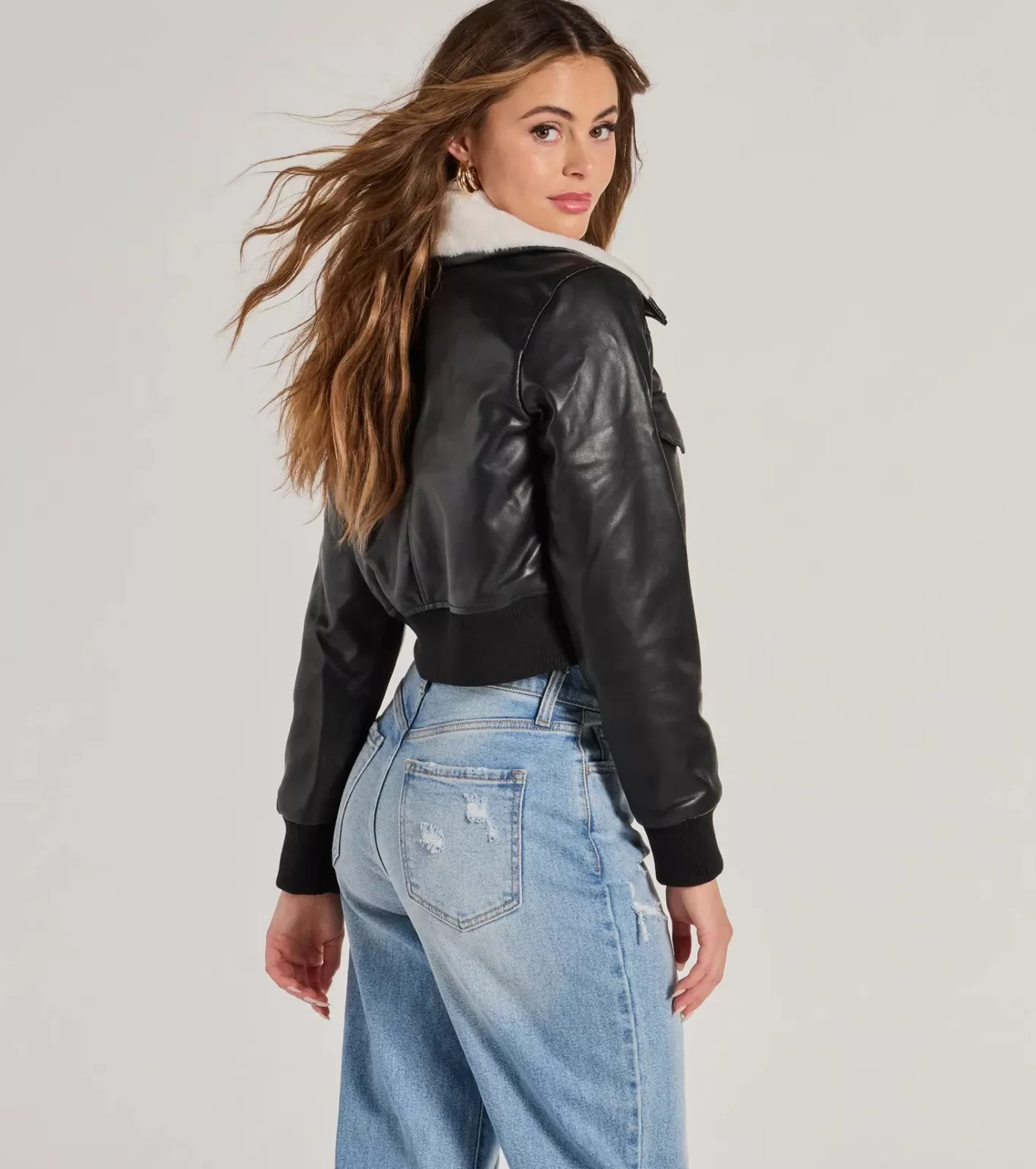 Windsor Chic Sherpa Collared Faux Leather Bomber Jacket BLACK Store