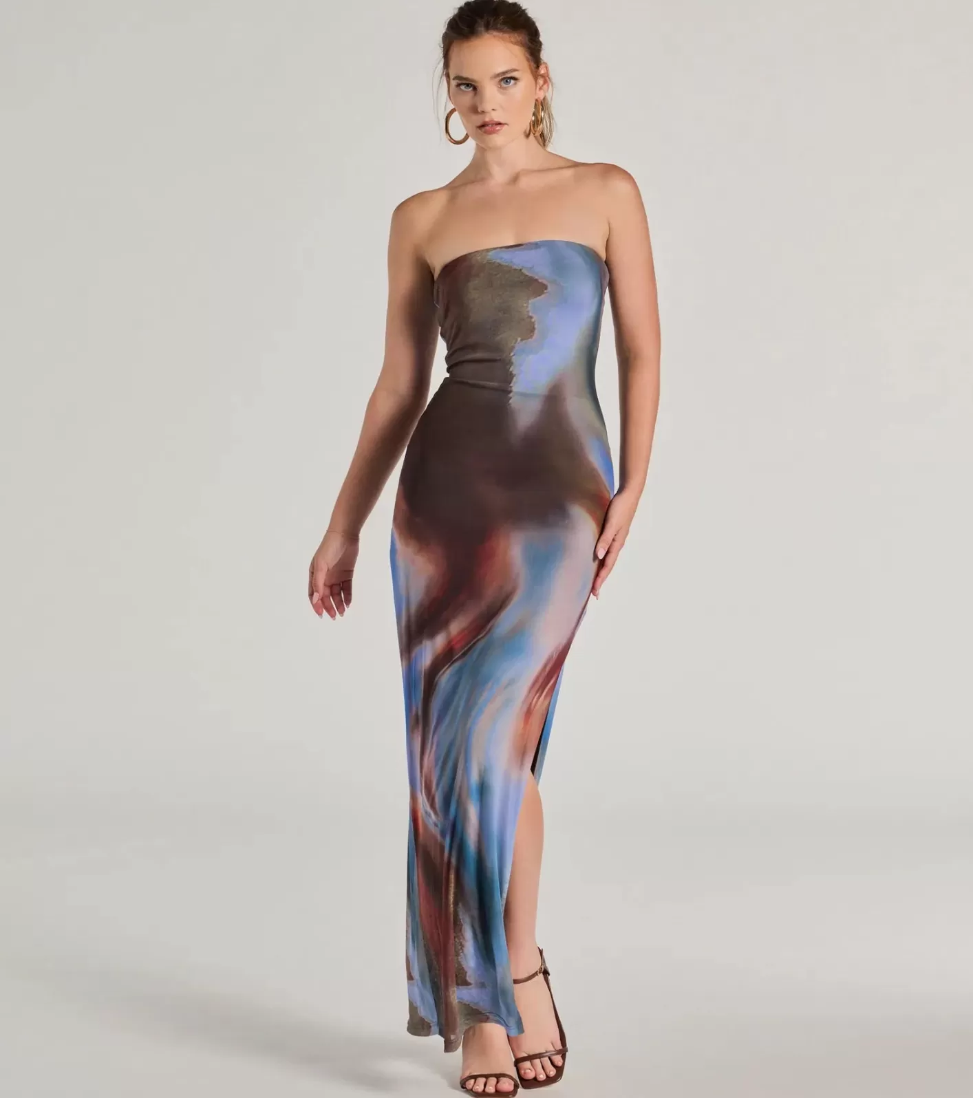 Windsor Chic Showstopper Abstract Print Mesh Maxi Dress MULTI Cheap
