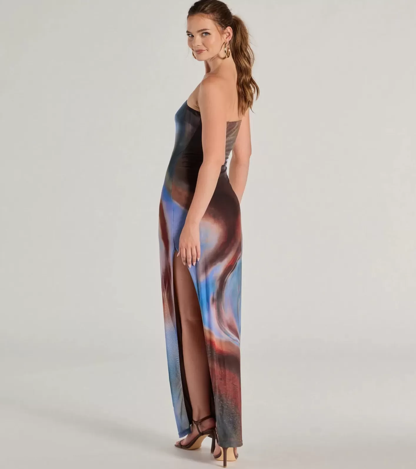 Windsor Chic Showstopper Abstract Print Mesh Maxi Dress MULTI Cheap