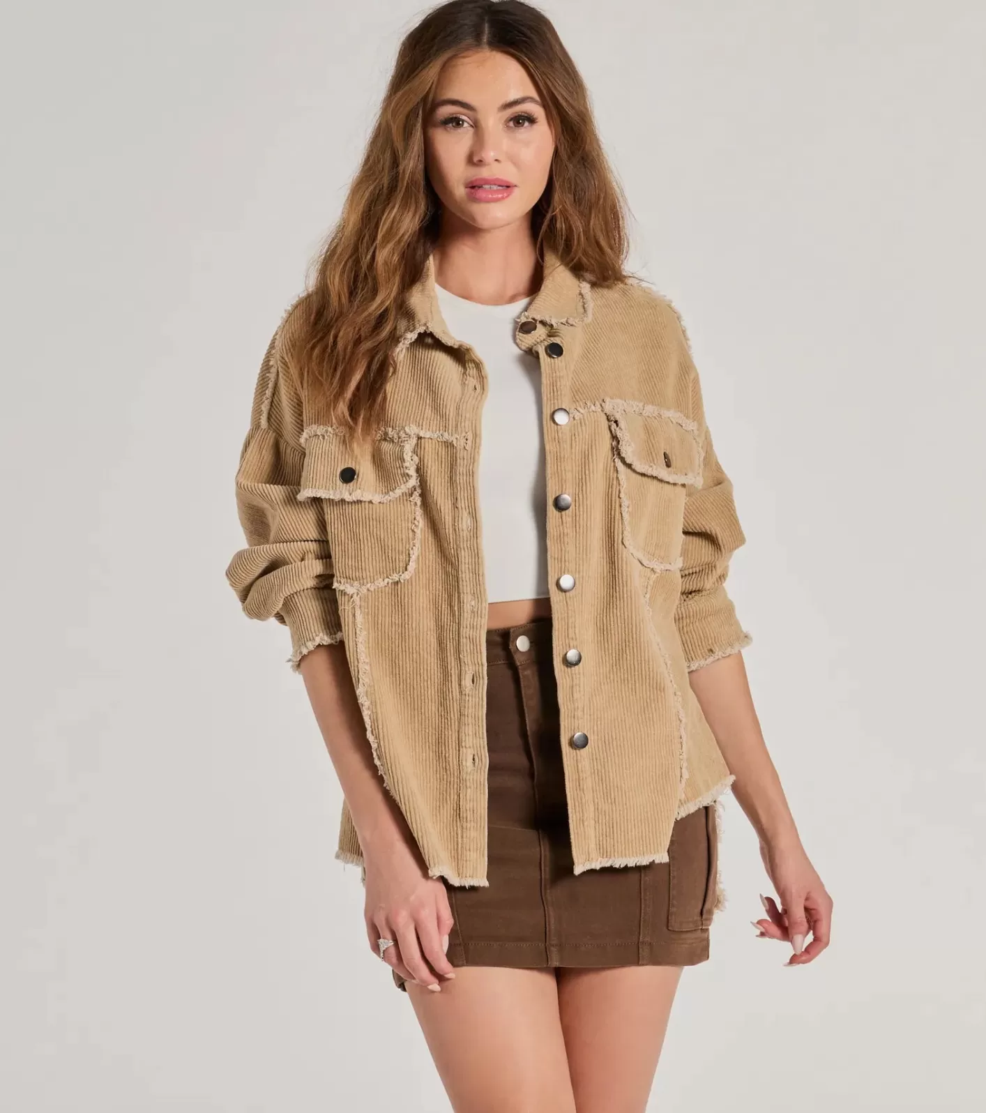 Windsor Chic Staple Long Sleeve Corduroy Shacket TAUPE Hot