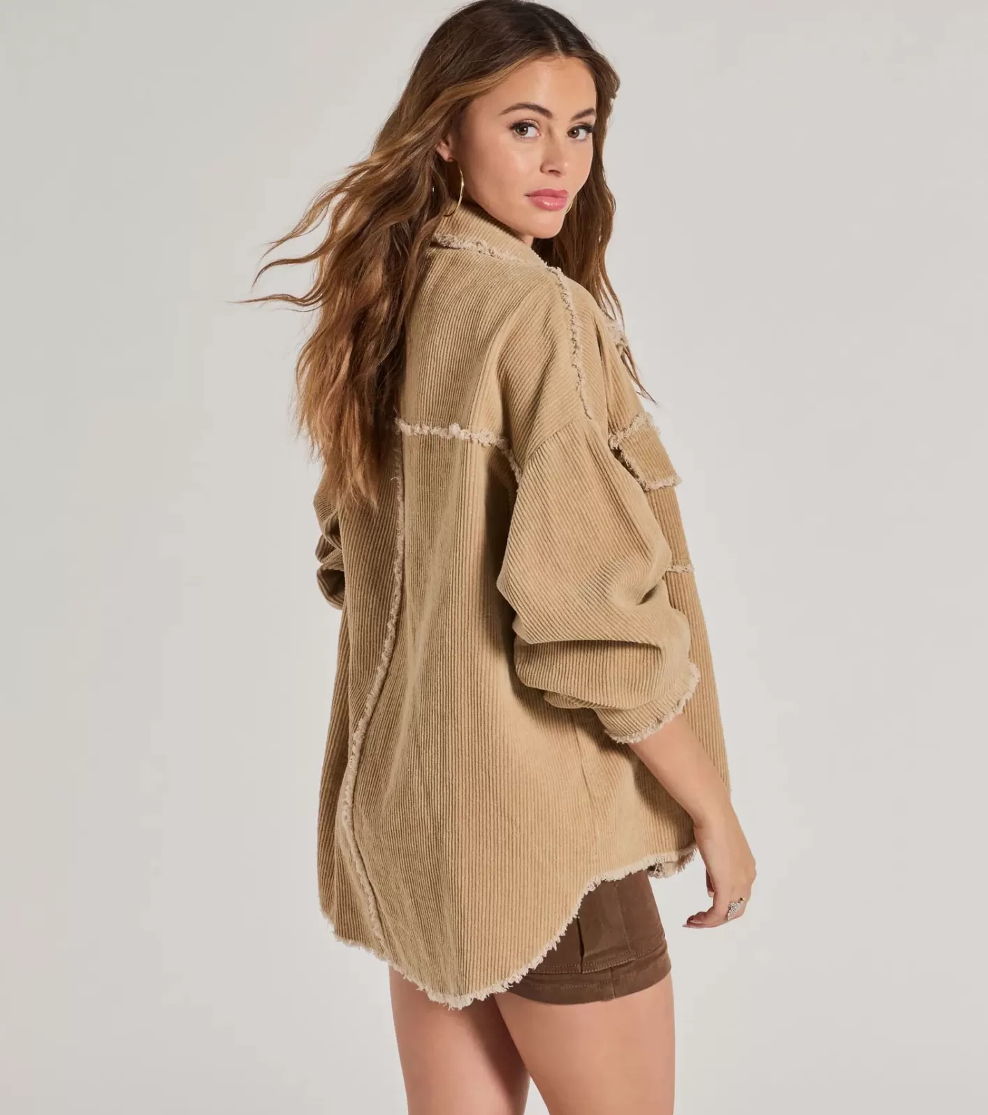 Windsor Chic Staple Long Sleeve Corduroy Shacket TAUPE Hot