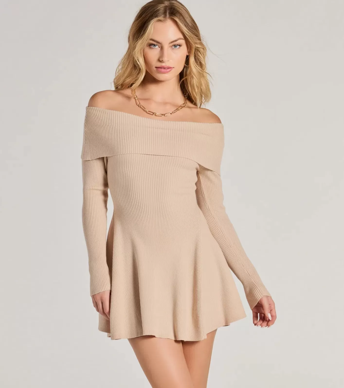 Windsor Chic Staple Ribbed Knit Skater Dress OATMEAL Outlet