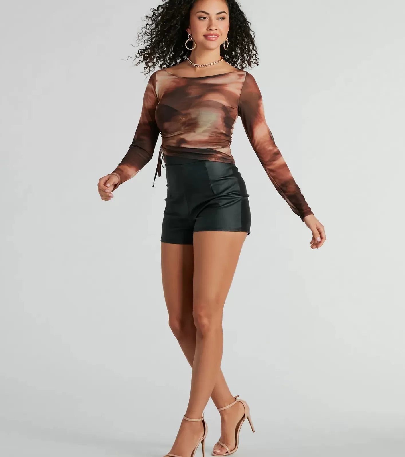 Windsor Chic Vision Long Sleeve Abstract Print Mesh Top BROWN Outlet