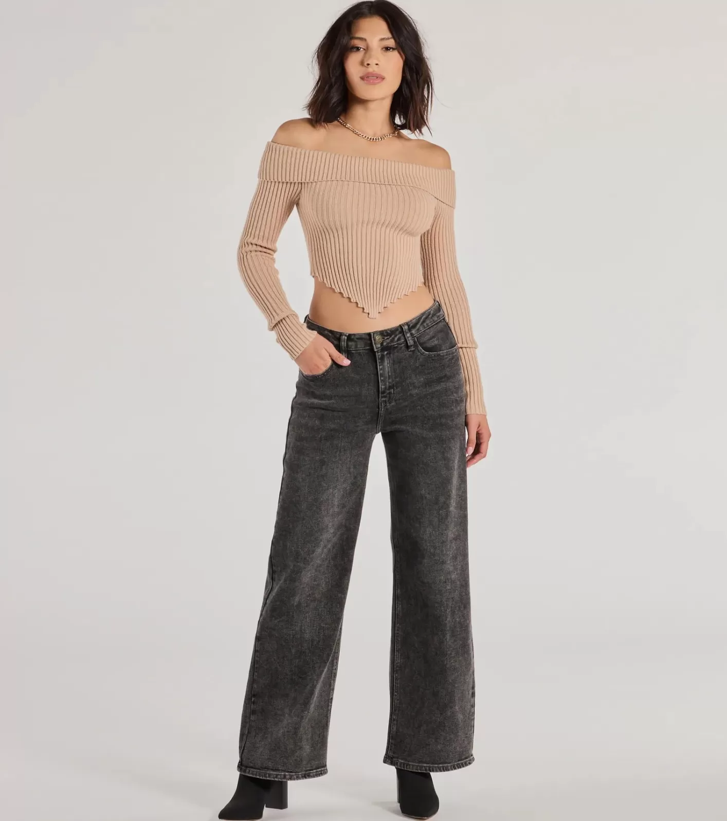 Windsor Chic Wonder Mid-Rise Wide-Leg Denim Jeans BLACK Hot