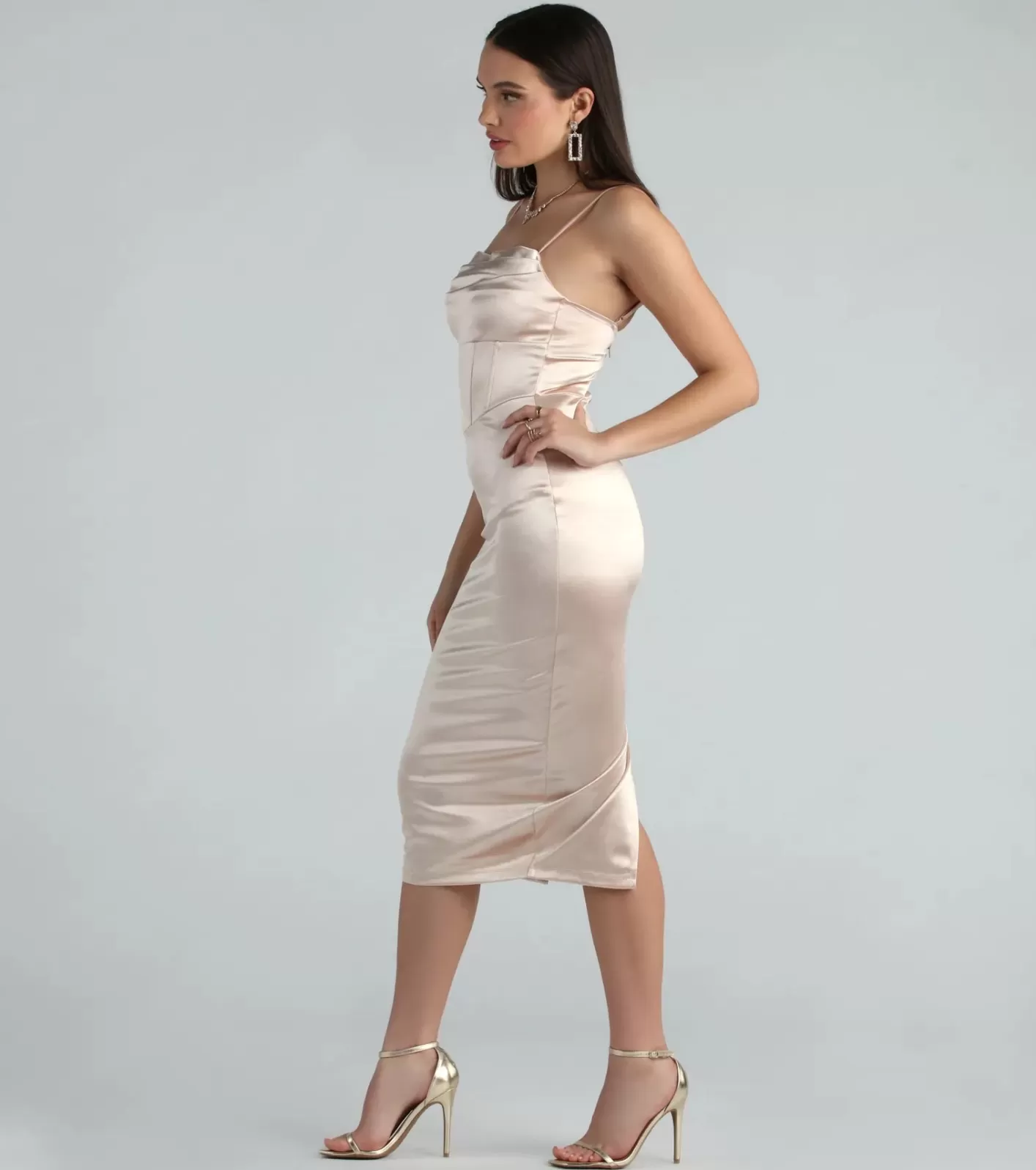 Windsor Chrysta Formal Satin Corset Midi Dress GOLD Fashion