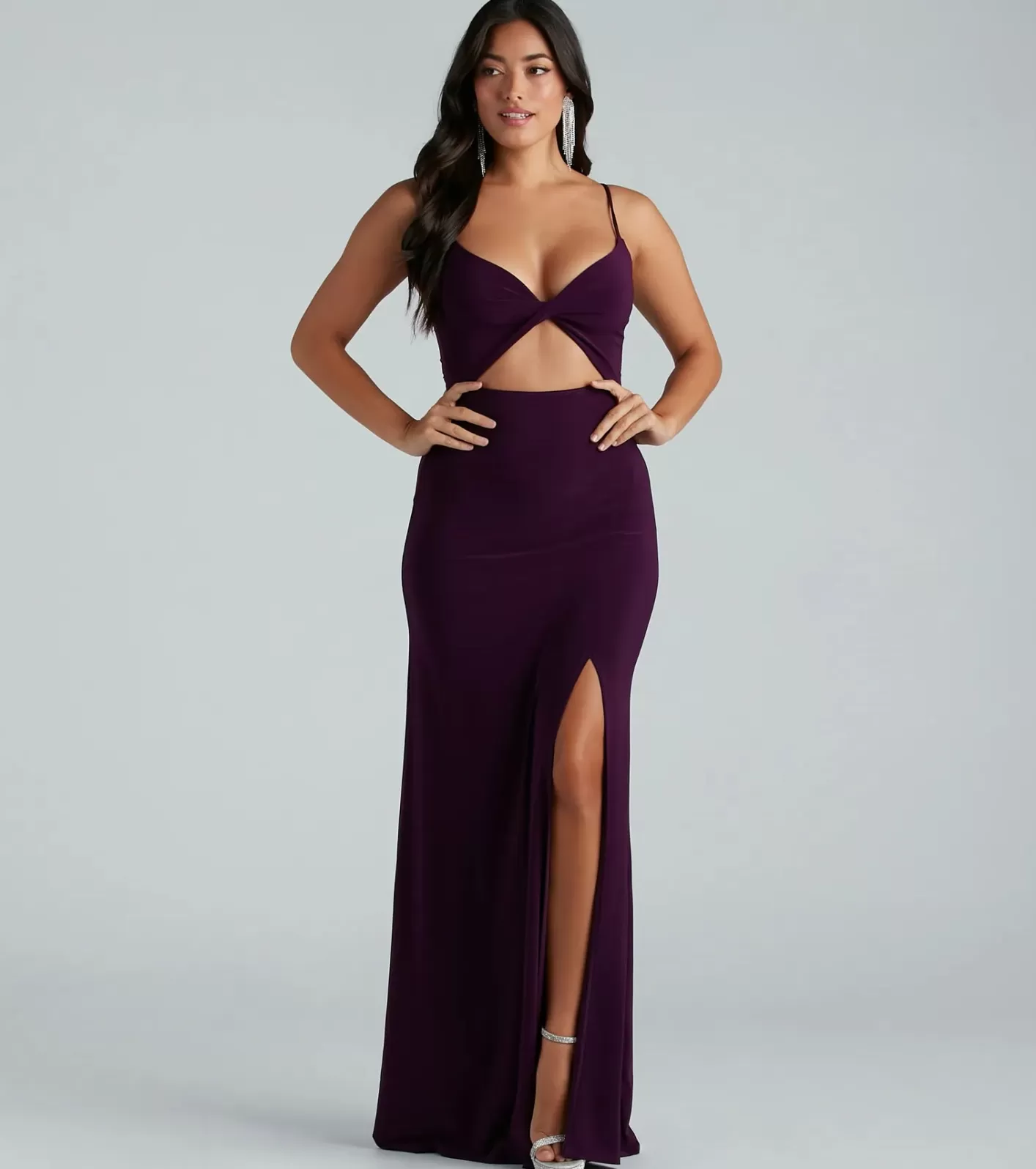 Windsor Cindy Formal V-Neck Cutout A-Line Long Dress EGGPLANT Shop