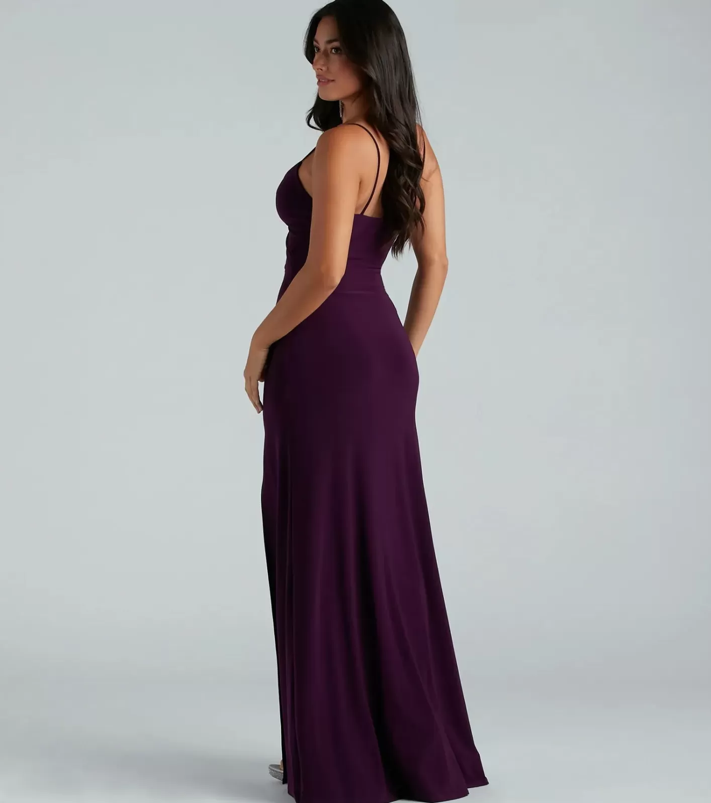 Windsor Cindy Formal V-Neck Cutout A-Line Long Dress EGGPLANT Shop