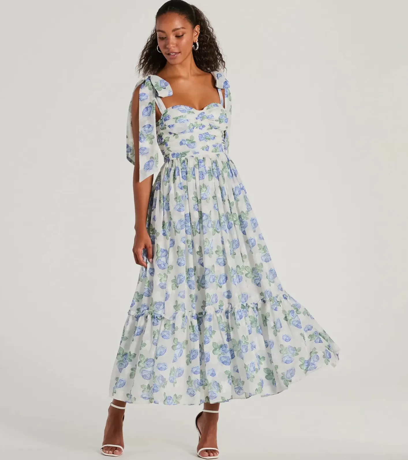 Windsor Clara Sweetheart Floral Chiffon Midi Formal Dress LIGHTBLUE Hot