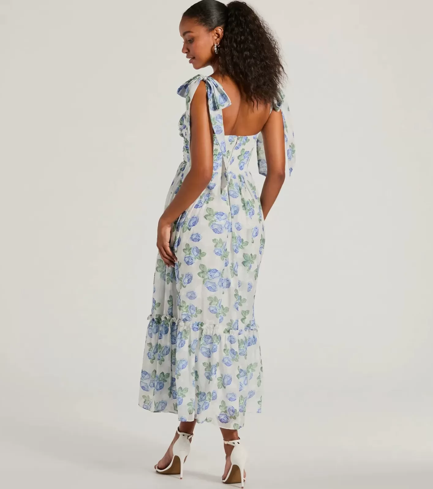 Windsor Clara Sweetheart Floral Chiffon Midi Formal Dress LIGHTBLUE Hot