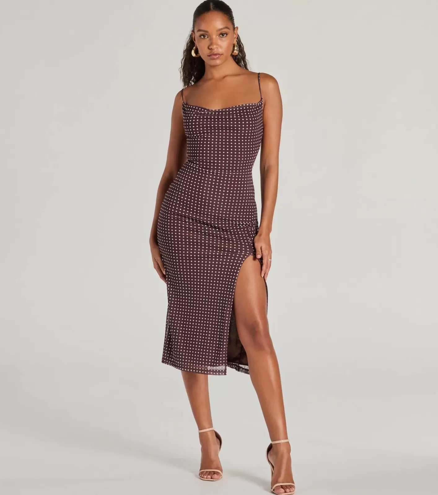 Windsor Class Act Cowl Neck Polka Dot Midi Dress BROWN Store