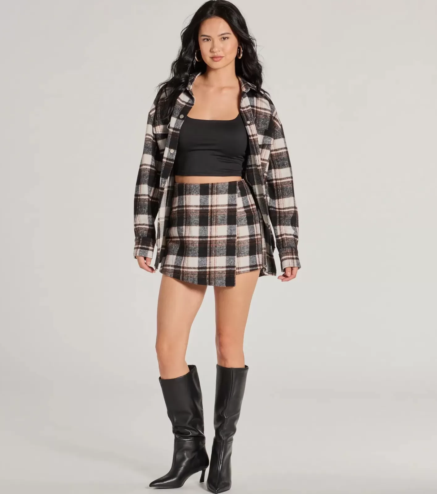 Windsor Classically Chic Plaid High Waist Wrap Skort BLACK-3 Clearance