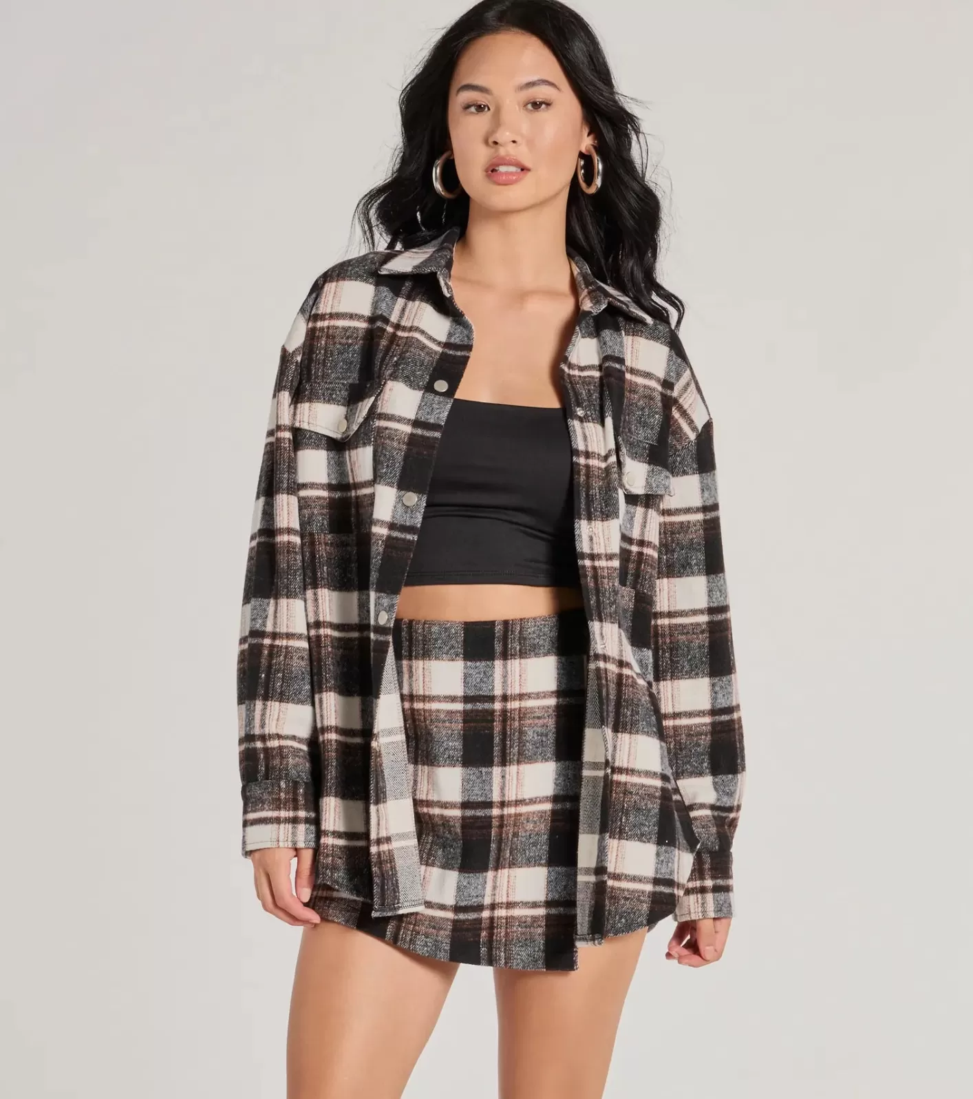Windsor Classically Chic Plaid Long Sleeve Oversized Shacket BLACK Best