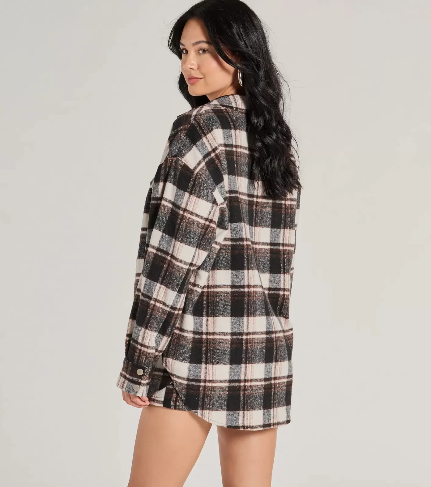 Windsor Classically Chic Plaid Long Sleeve Oversized Shacket BLACK Best