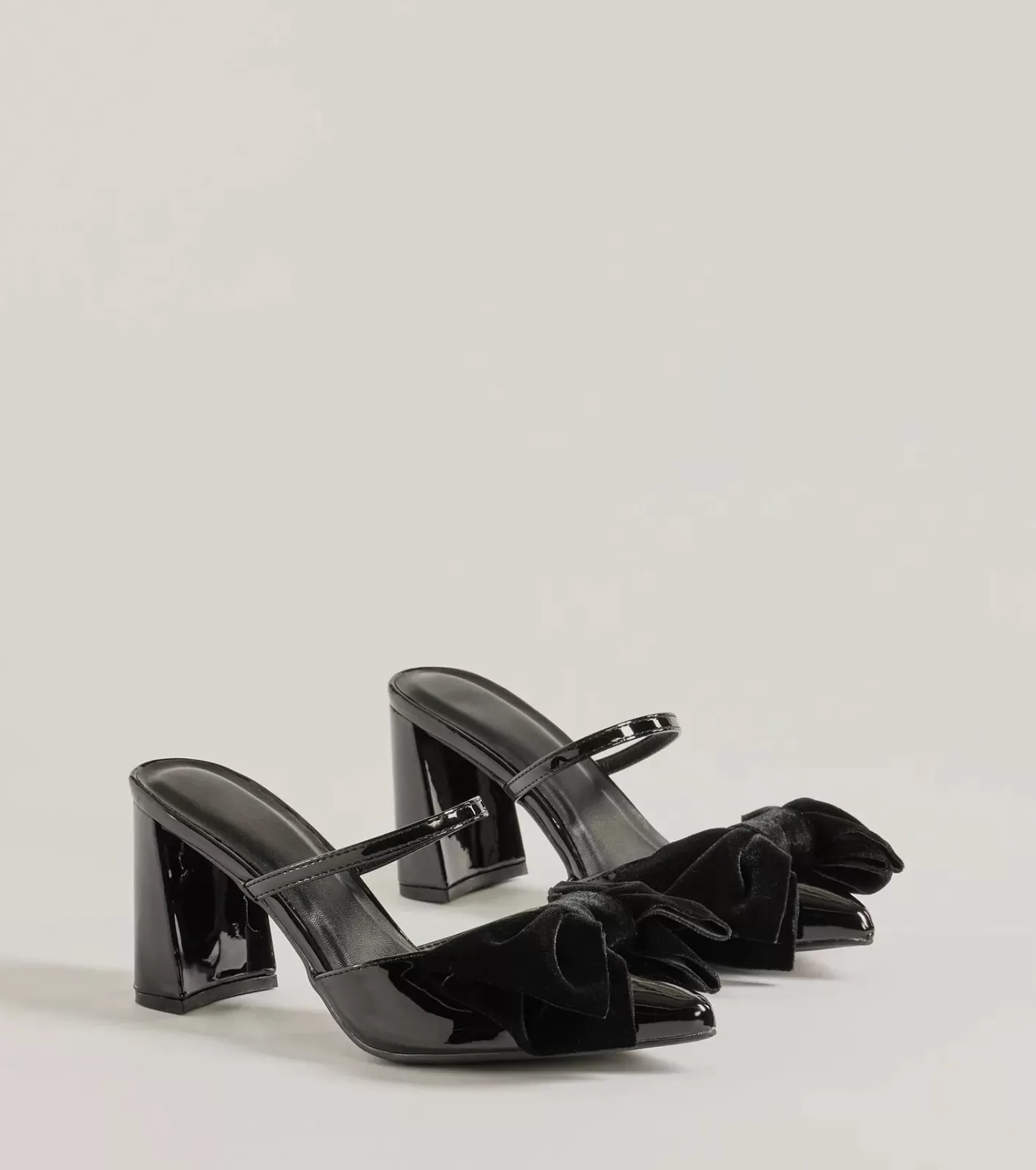 Windsor Classy Chic Bow Faux Leather Block Heels BLACK Clearance