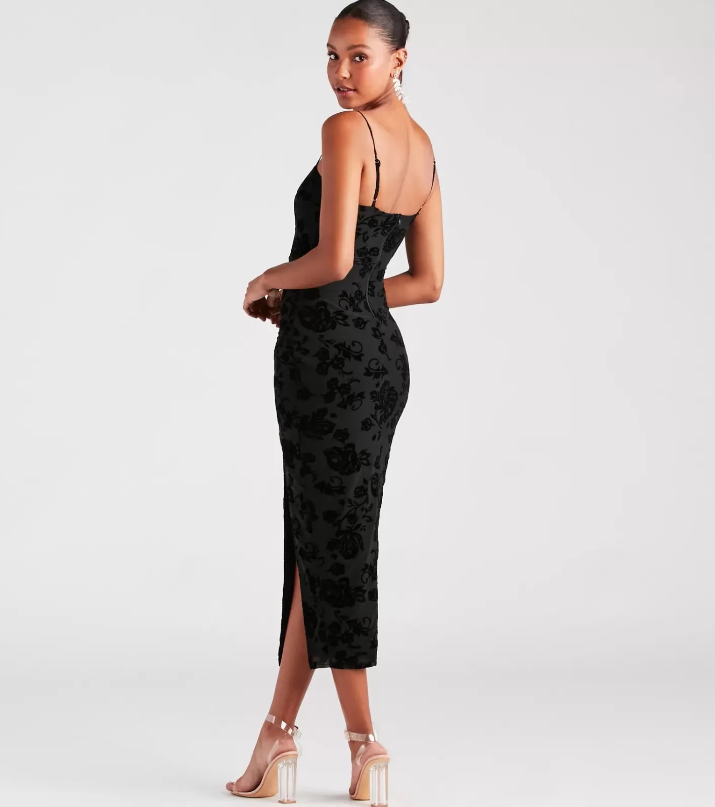 Windsor Classy Gal Flocked Floral Velvet Midi Dress BLACK Discount