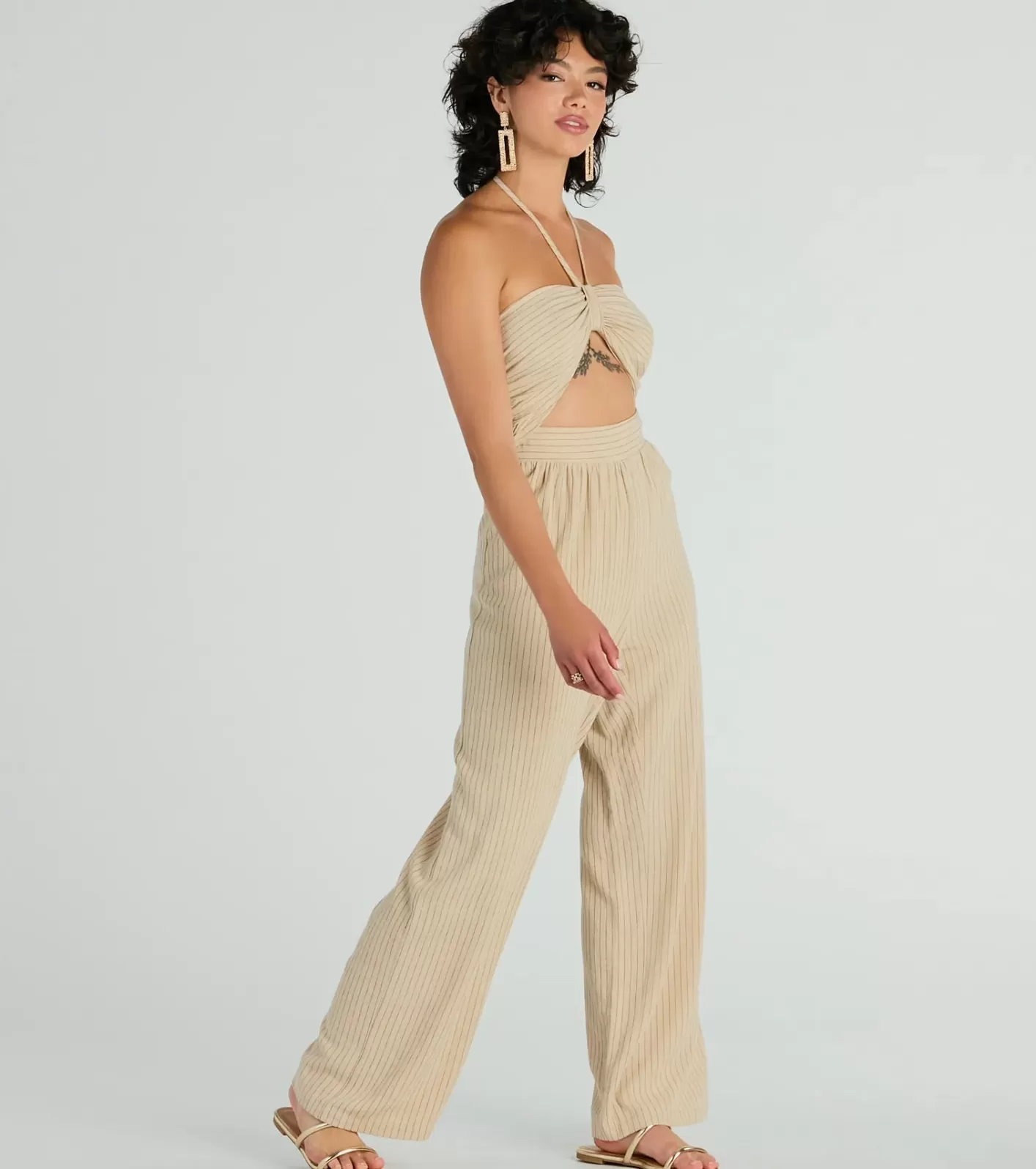 Windsor Coastal Cutie Halter Cutout Striped Linen Jumpsuit TAUPE Cheap