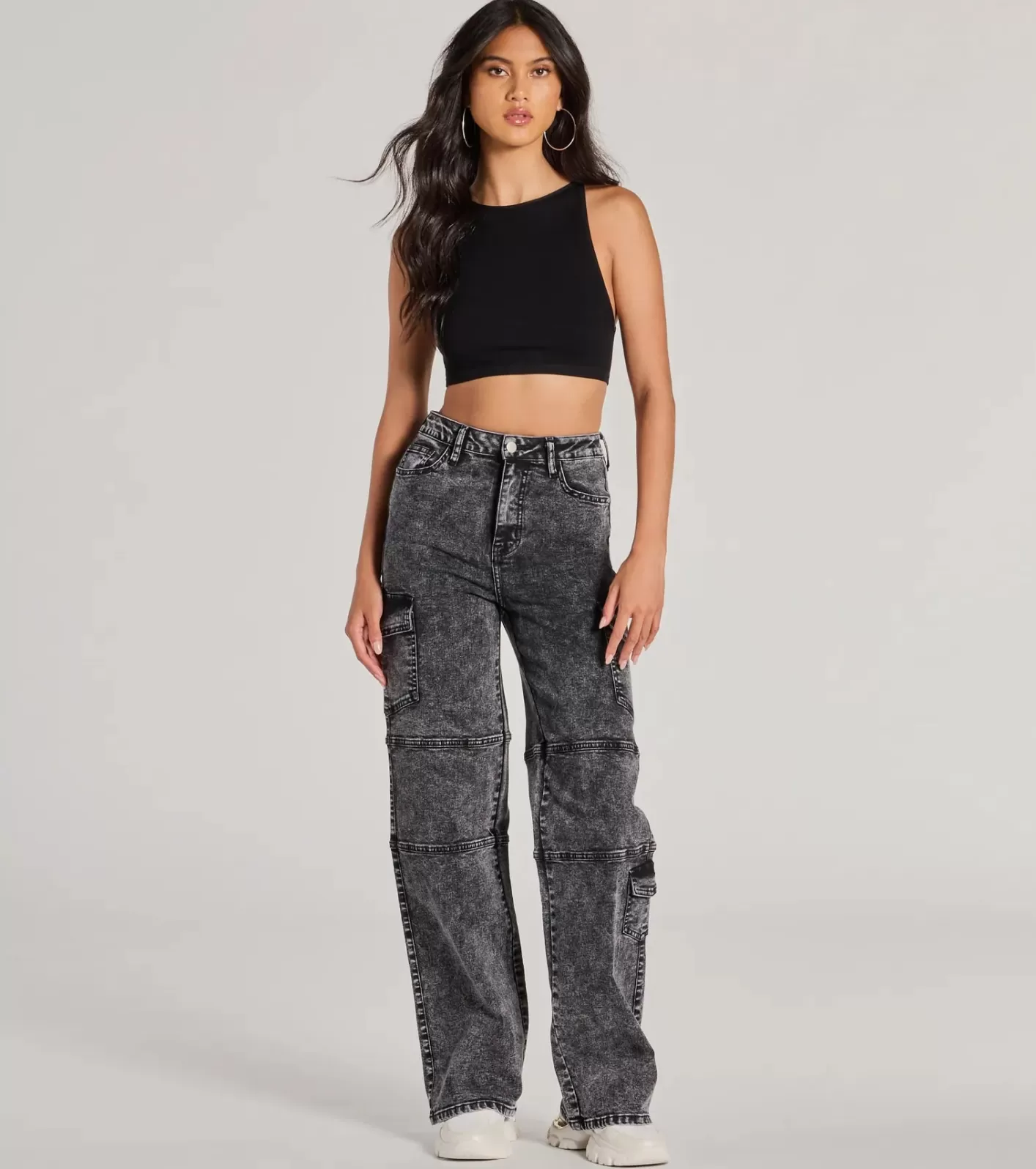 Windsor Cool Captured High Rise Cargo Denim Jeans BLACK Fashion