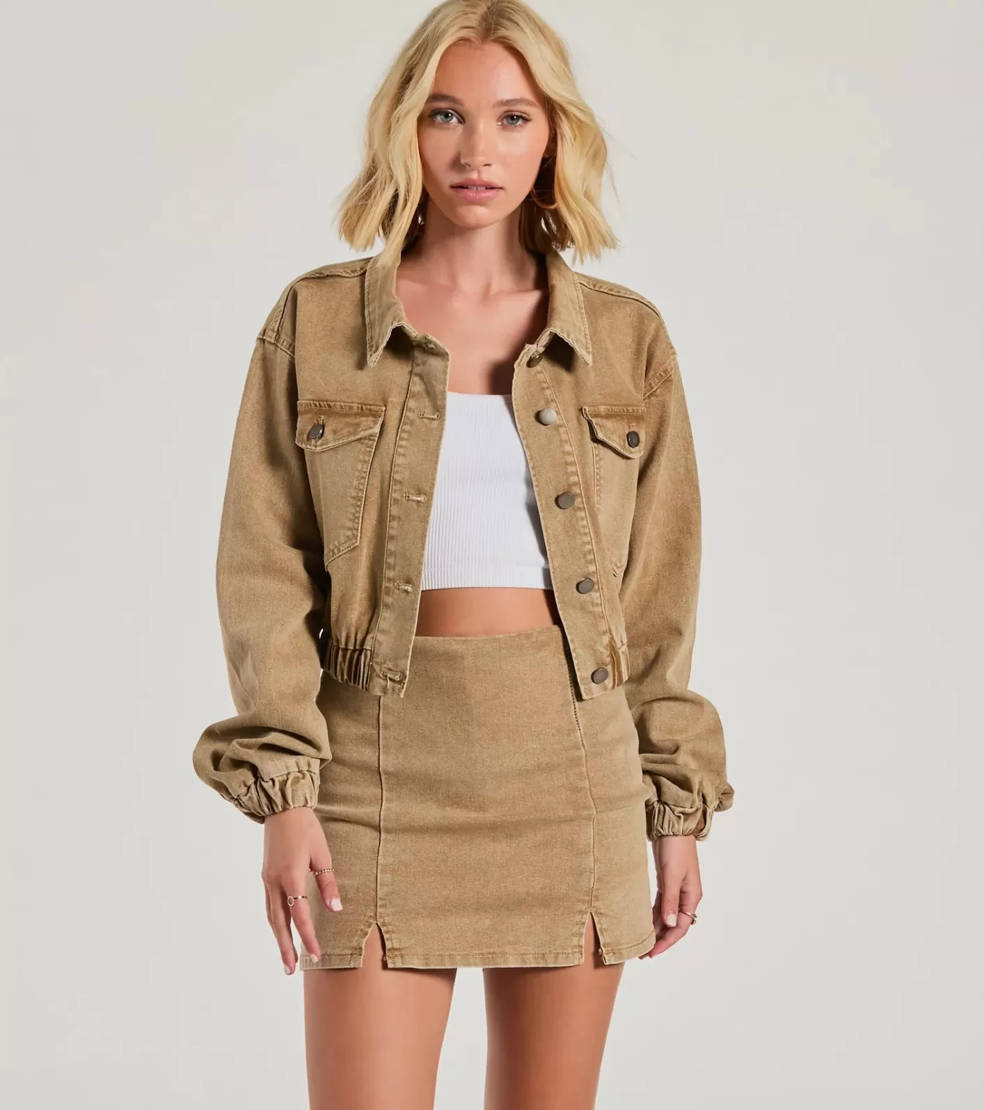 Windsor Cool Girl Trends Crop Bomber Denim Jacket TAN Best