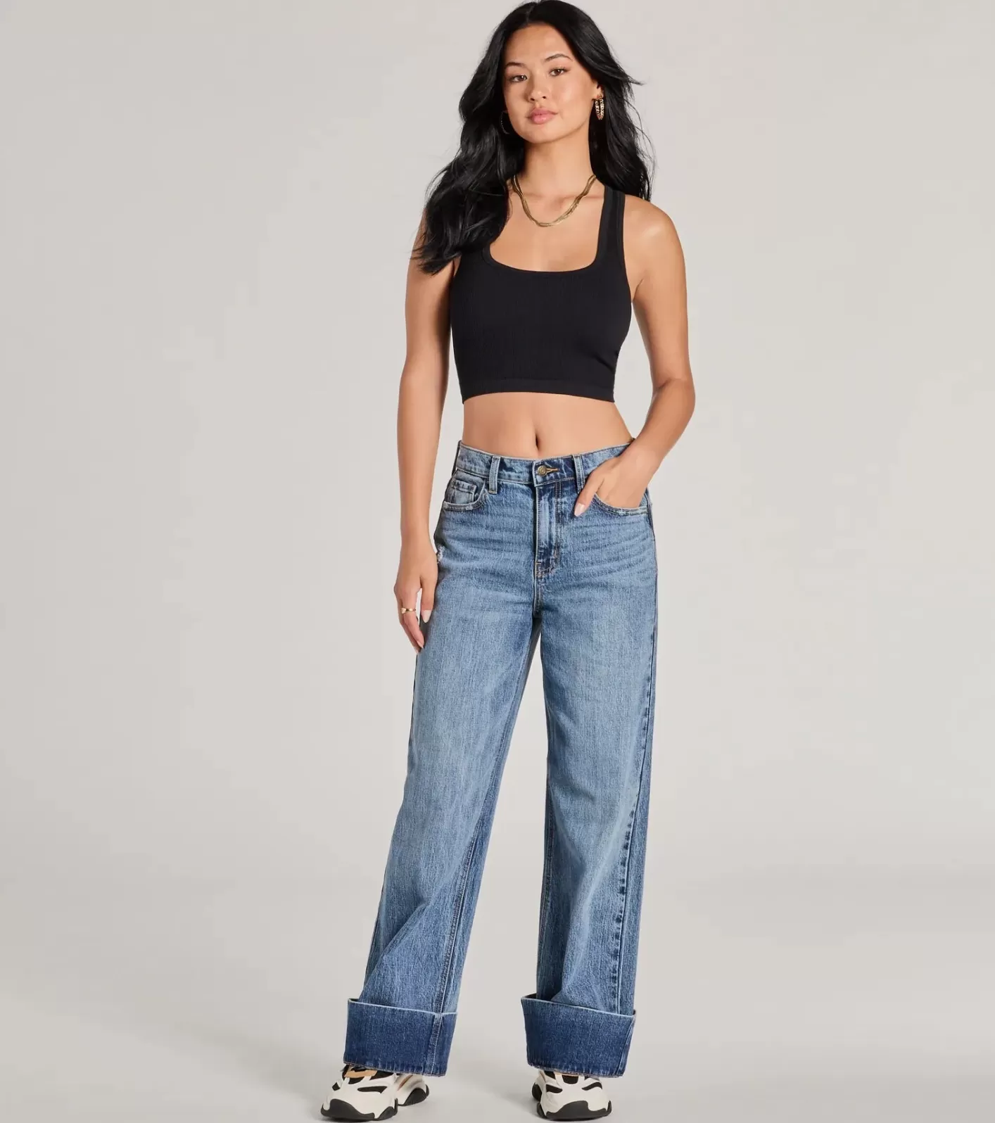 Windsor Cool Trend High-Rise Cuffed Wide-Leg Denim Jeans MEDIUMDENIM Hot