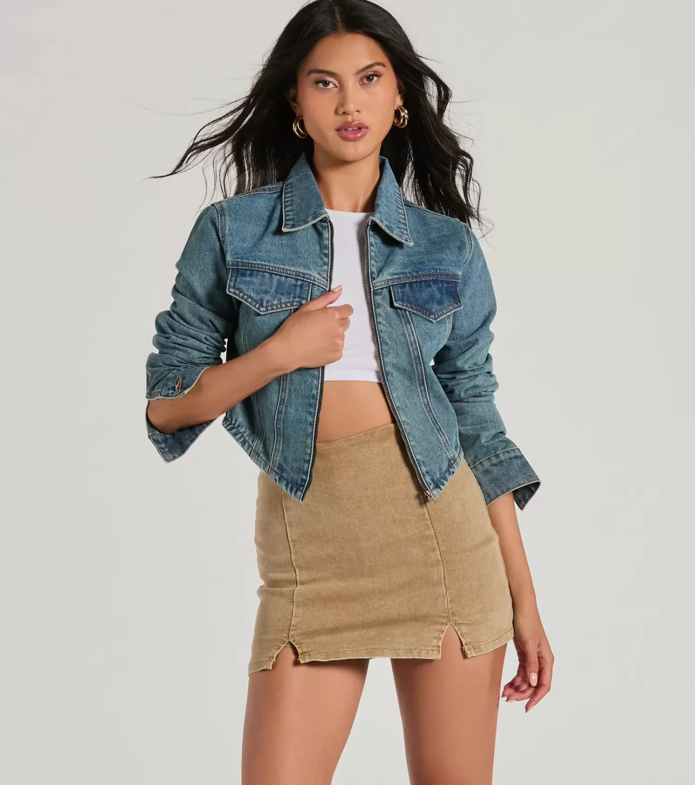 Windsor Cool Trendsetter Zip Up Collared Crop Jacket DENIM Fashion
