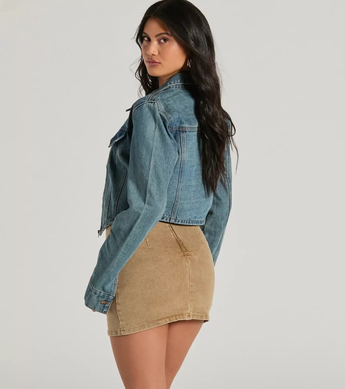 Windsor Cool Trendsetter Zip Up Collared Crop Jacket DENIM Fashion