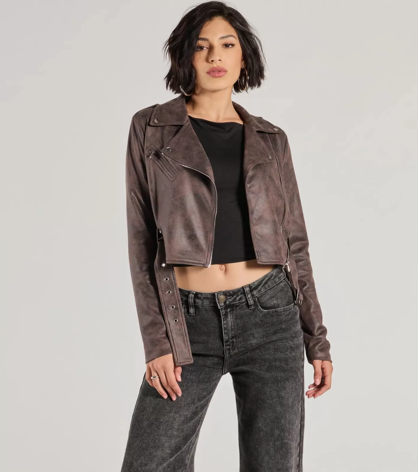 Windsor Cool Vibes Only Faux Suede Belted Moto Jacket BROWN New