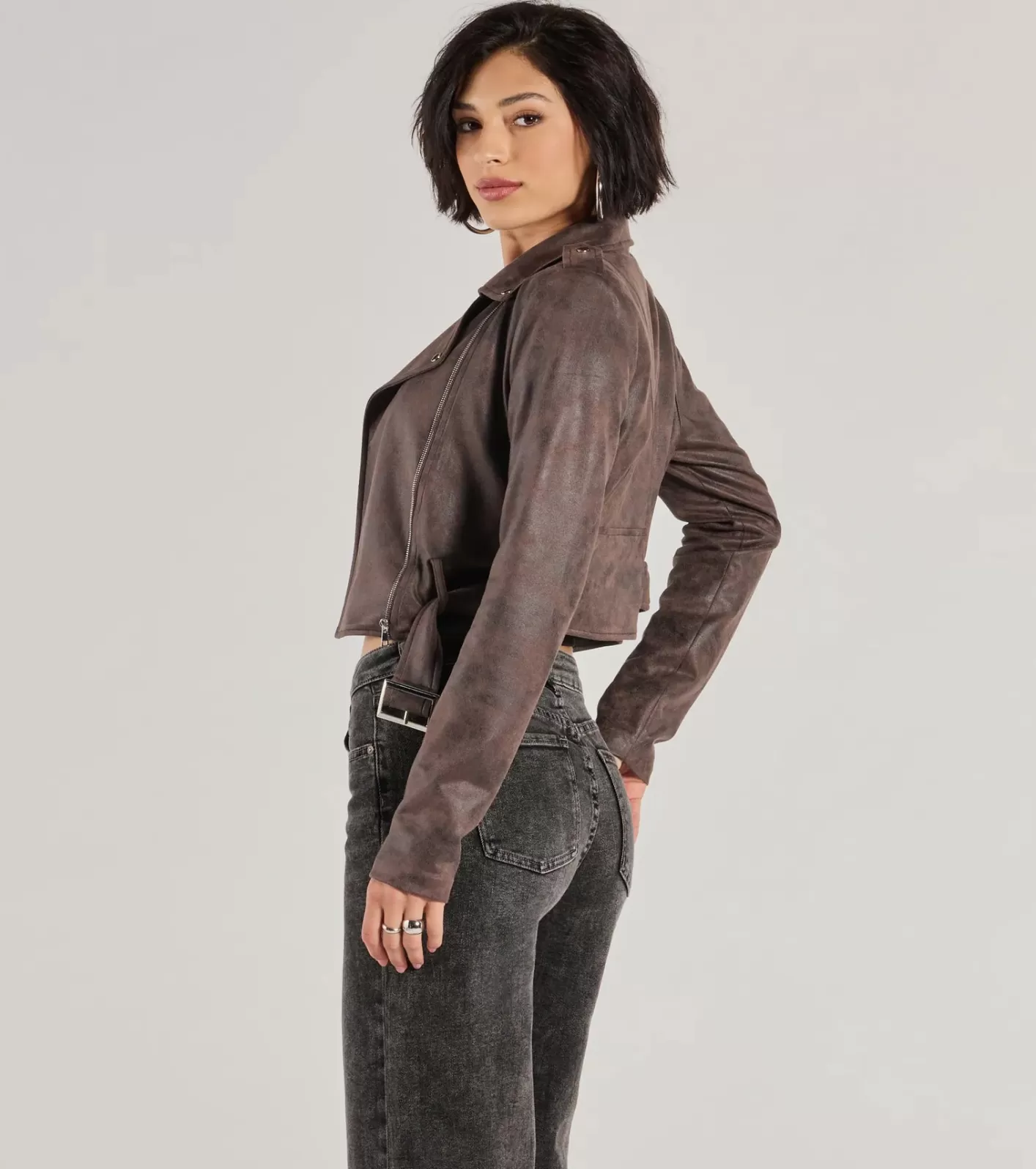 Windsor Cool Vibes Only Faux Suede Belted Moto Jacket BROWN New