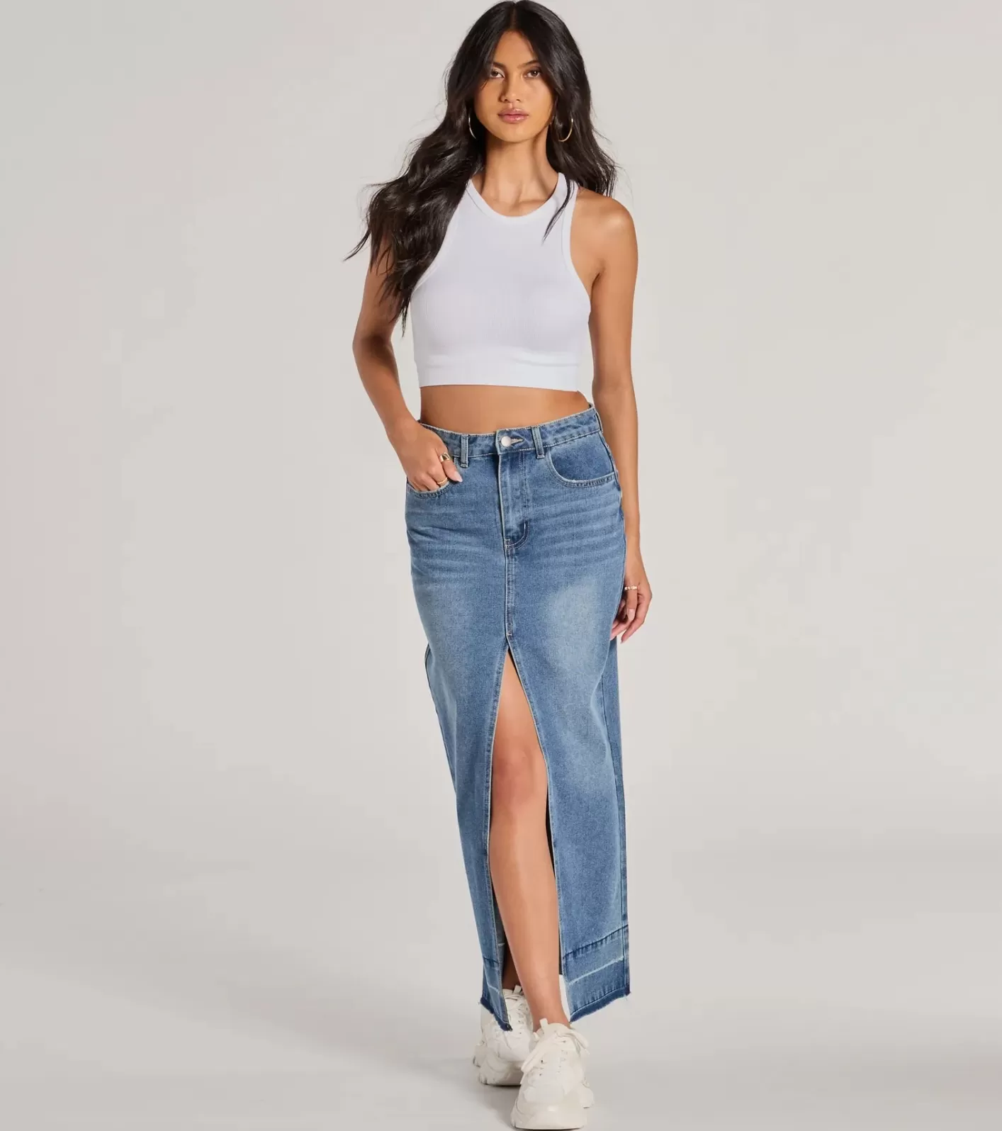 Windsor Coolest Vibe High Slit Denim Maxi Skirt DARKDENIM Best
