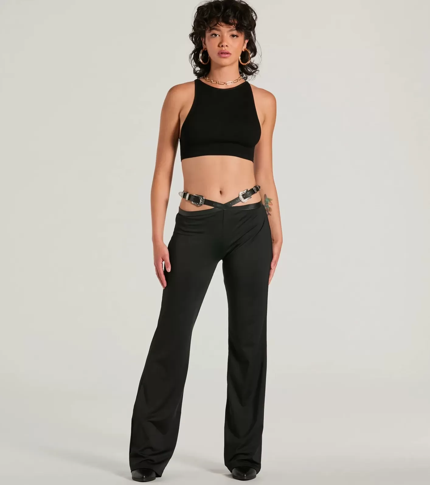 Windsor Country Edge Buckle High-Rise Waist Flare Pants BLACK Cheap