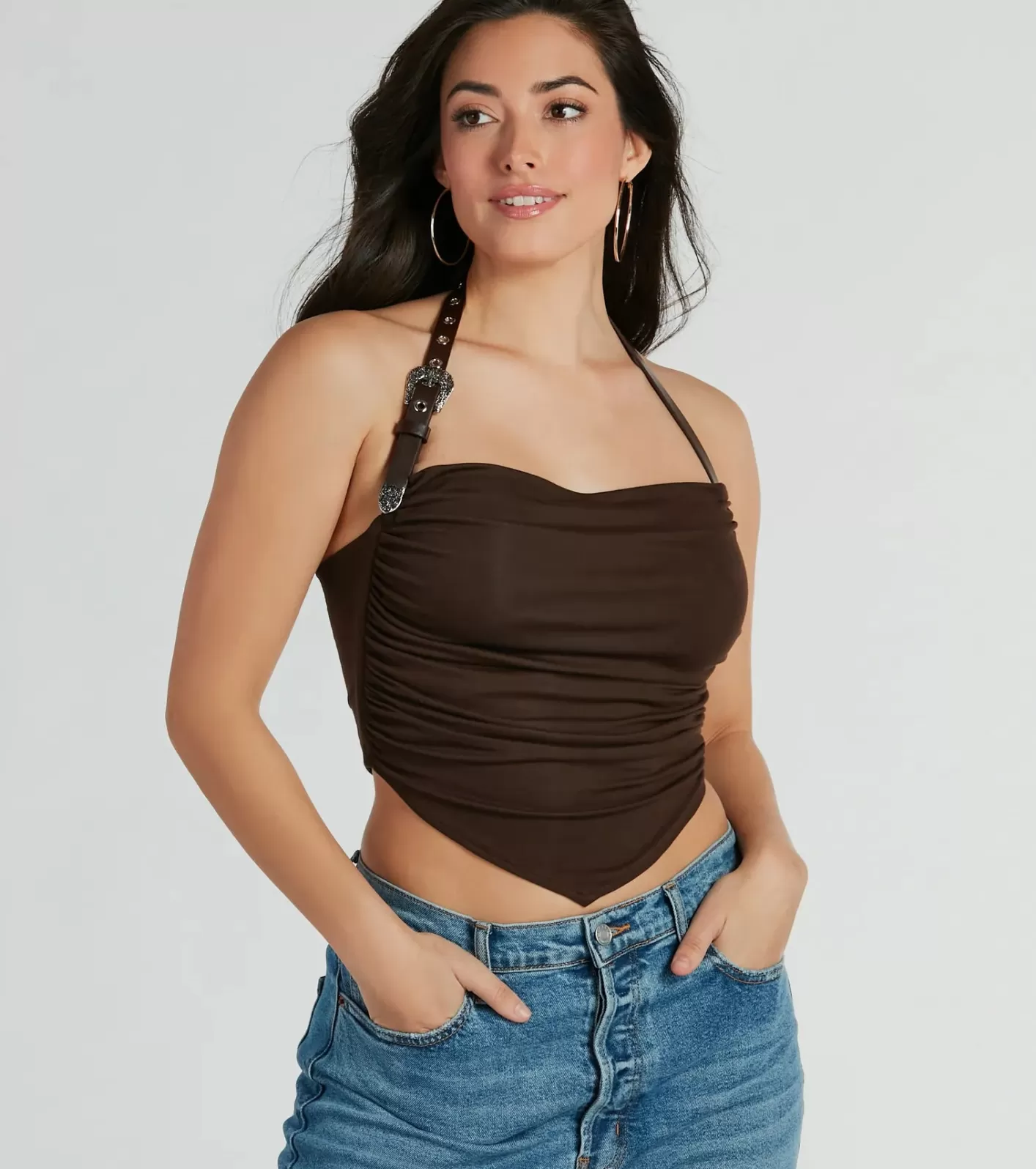 Windsor Country Feels Belted Halter Crop Top BROWN New