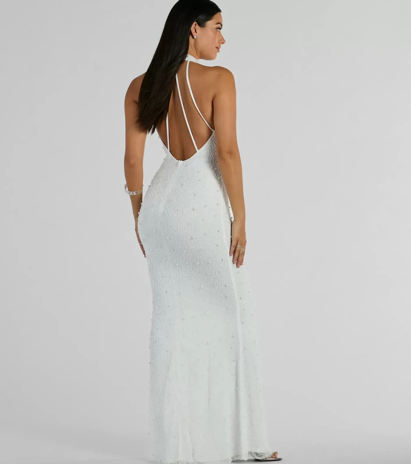 Windsor Courtney Halter Faux Pearl Bead Slim Formal Dress WHITE Best Sale