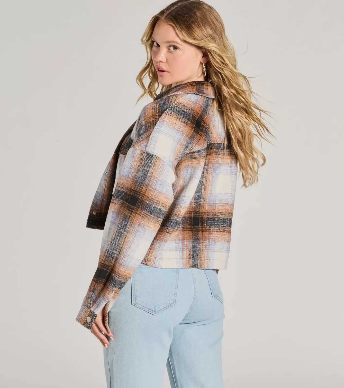 Windsor Cozy Cute Plaid Woven Cropped Shacket COGNAC Clearance
