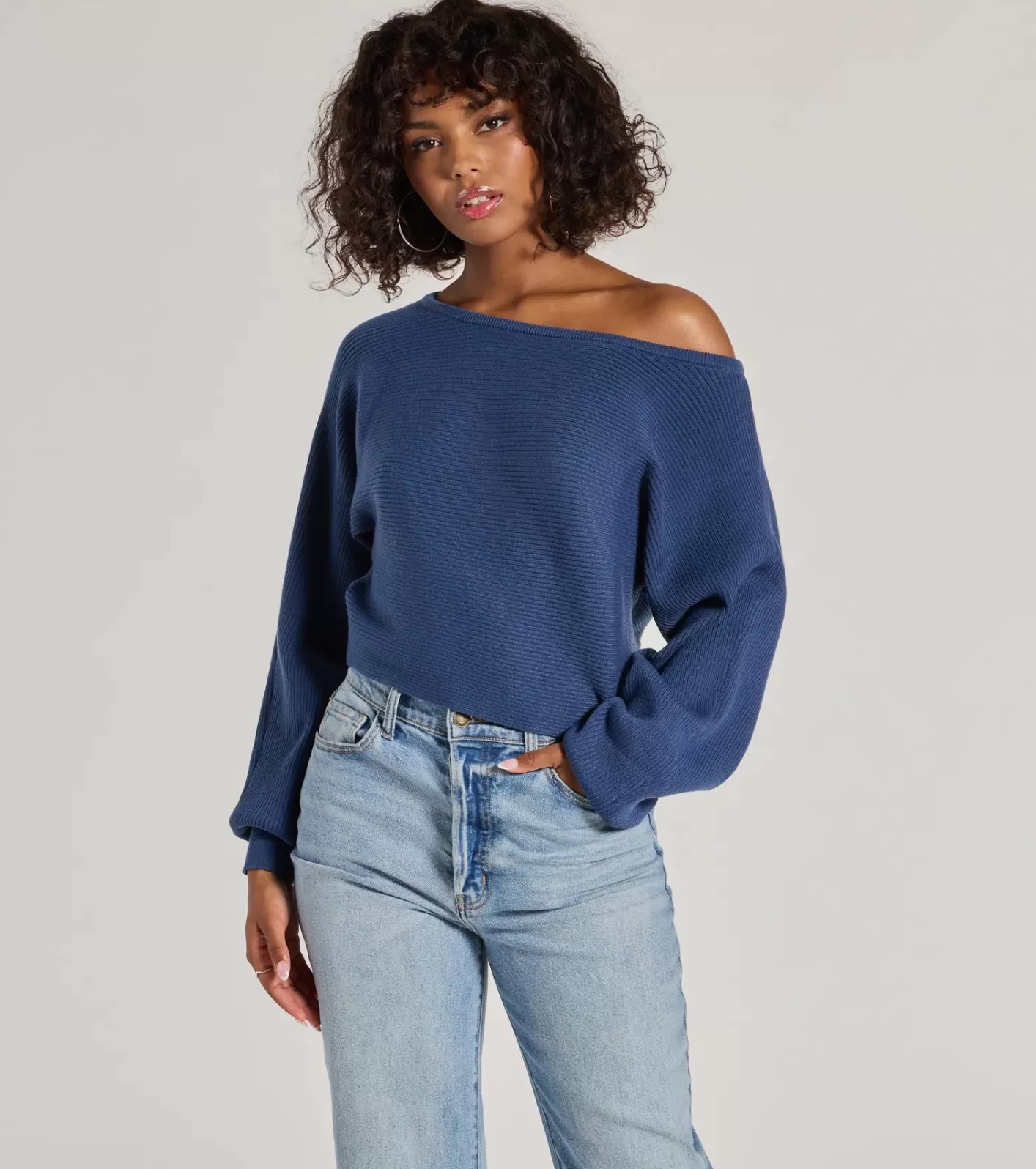 Windsor Cozy Cutie Ribbed Knit Boat Neck Sweater BLUE Fashion