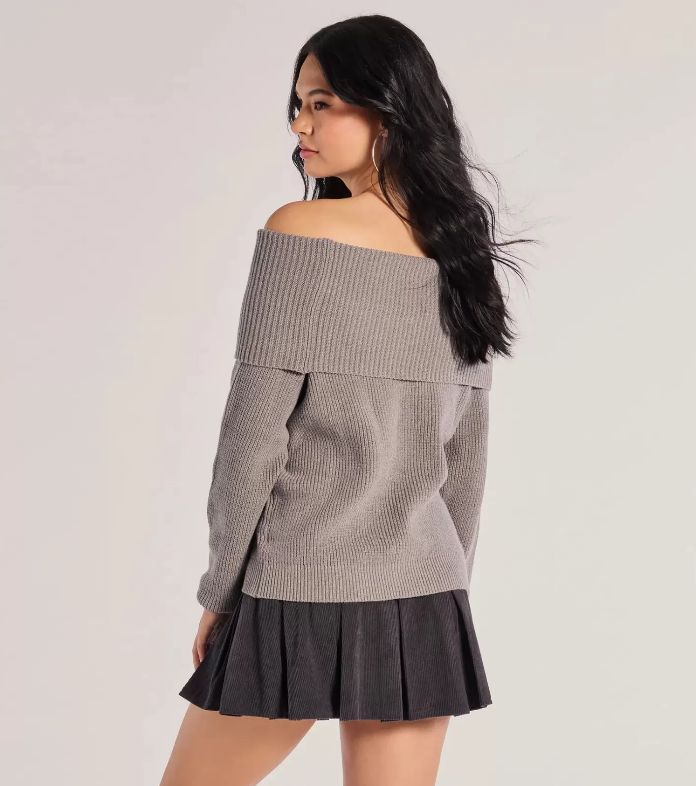 Windsor Cozy Factor Ribbed Knit Off-The-Shoulder Sweater CHARCOAL Hot