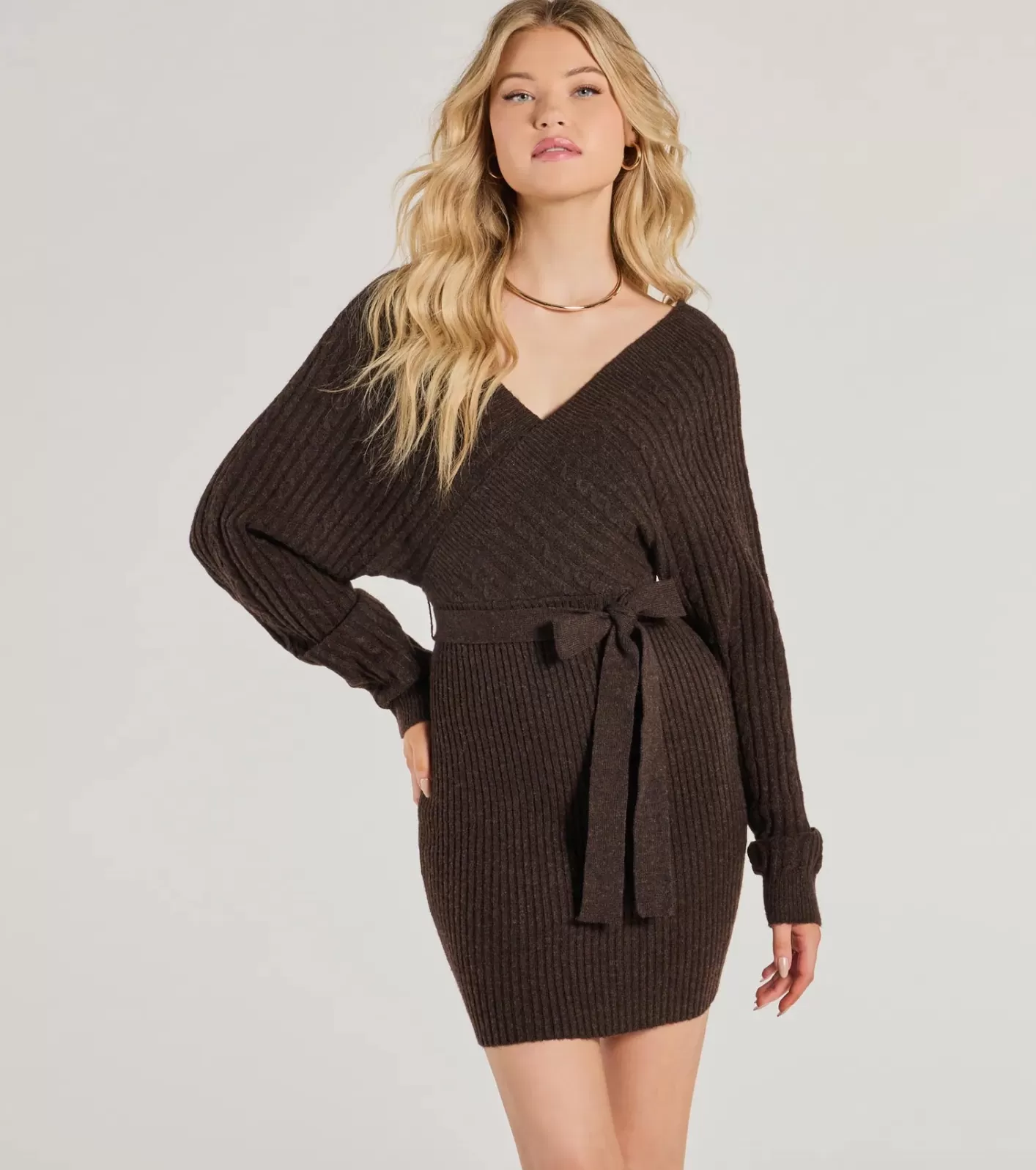 Windsor Cozy Fave Cable Knit Long Sleeve Mini Dress BROWN Store