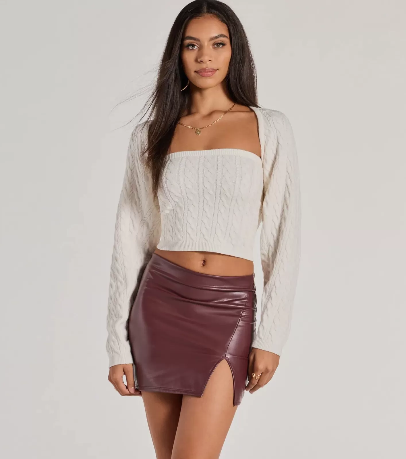 Windsor Cozy Glam Cable Knit Long Sleeve Bolero IVORY Discount