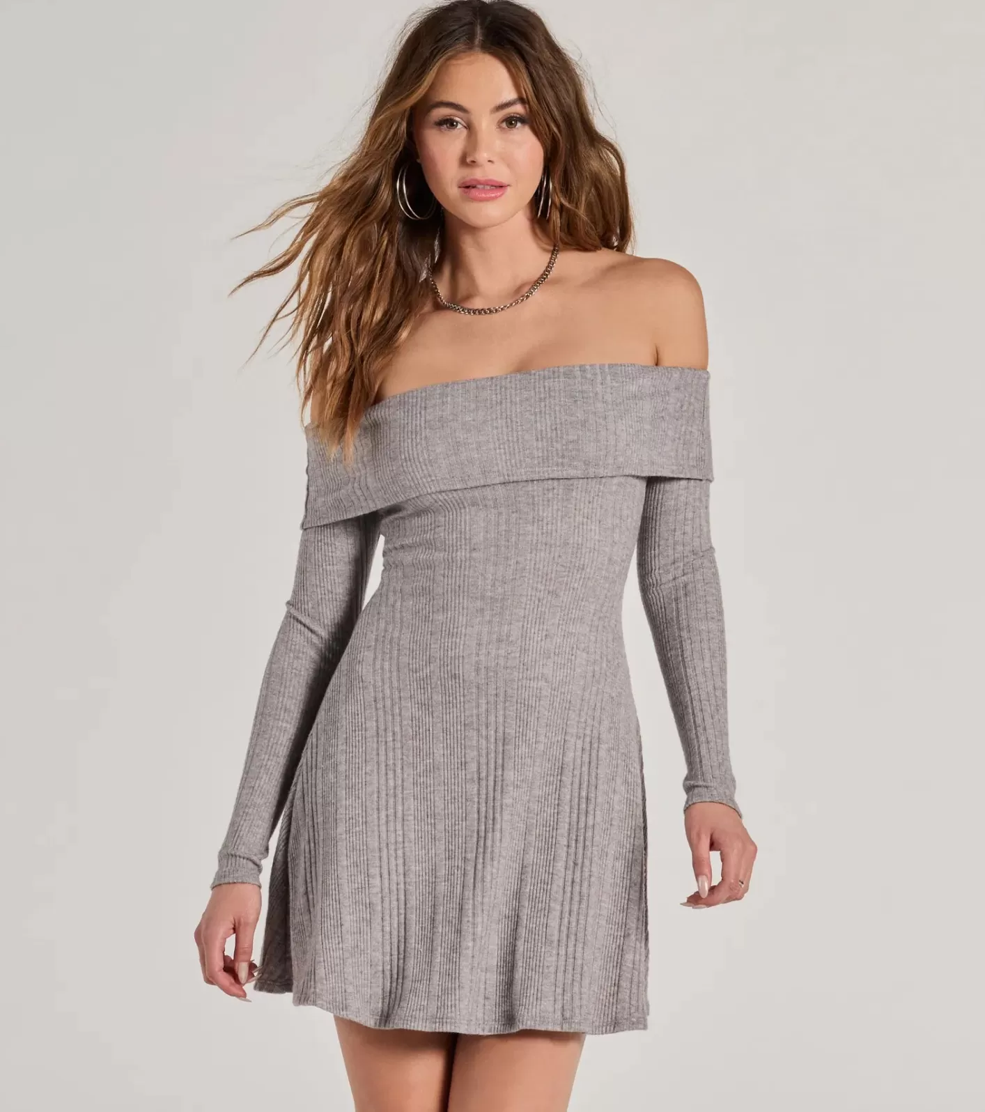 Windsor Cozy Knit Off-The-Shoulder A-Line Mini Dress HEATHERGRAY Outlet