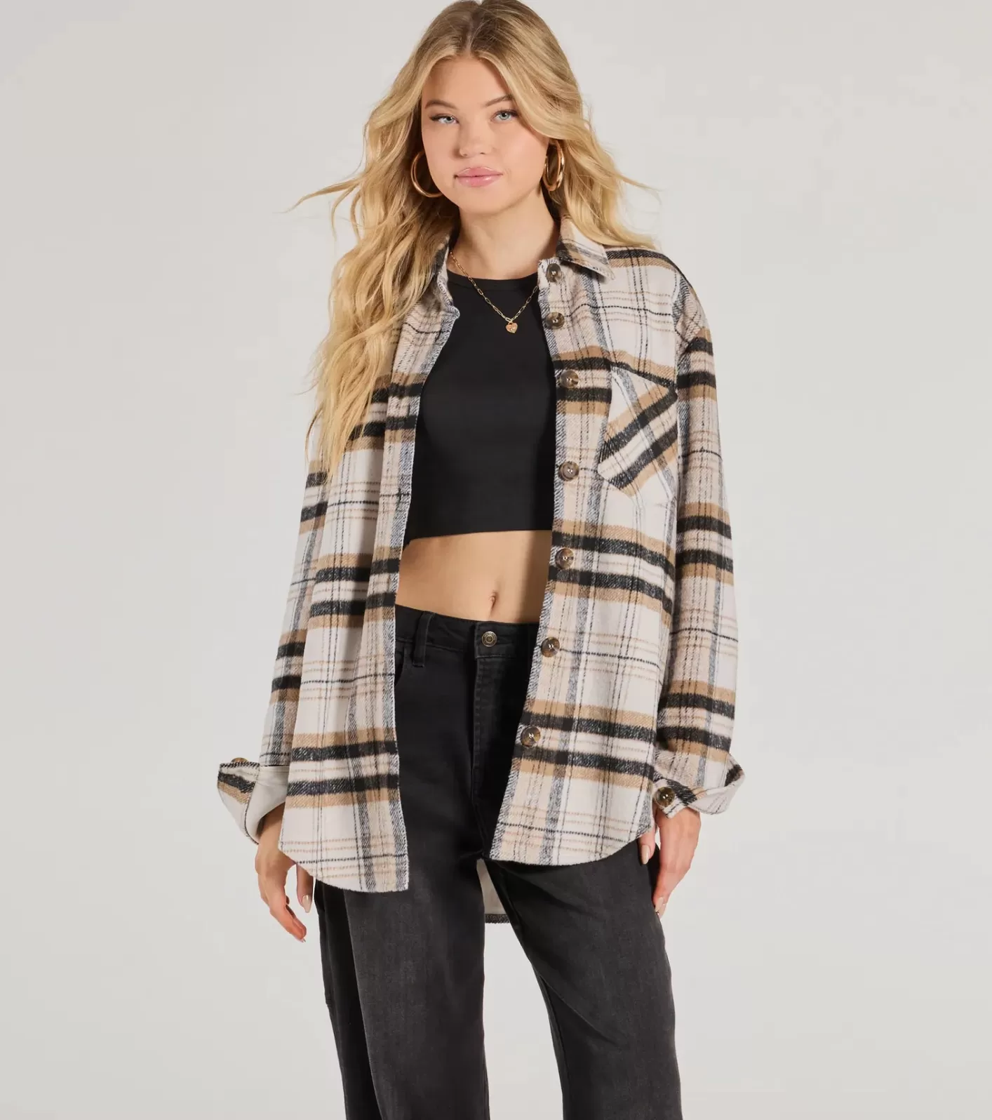 Windsor Cozy Layer Plaid Woven Shacket IVORY Online