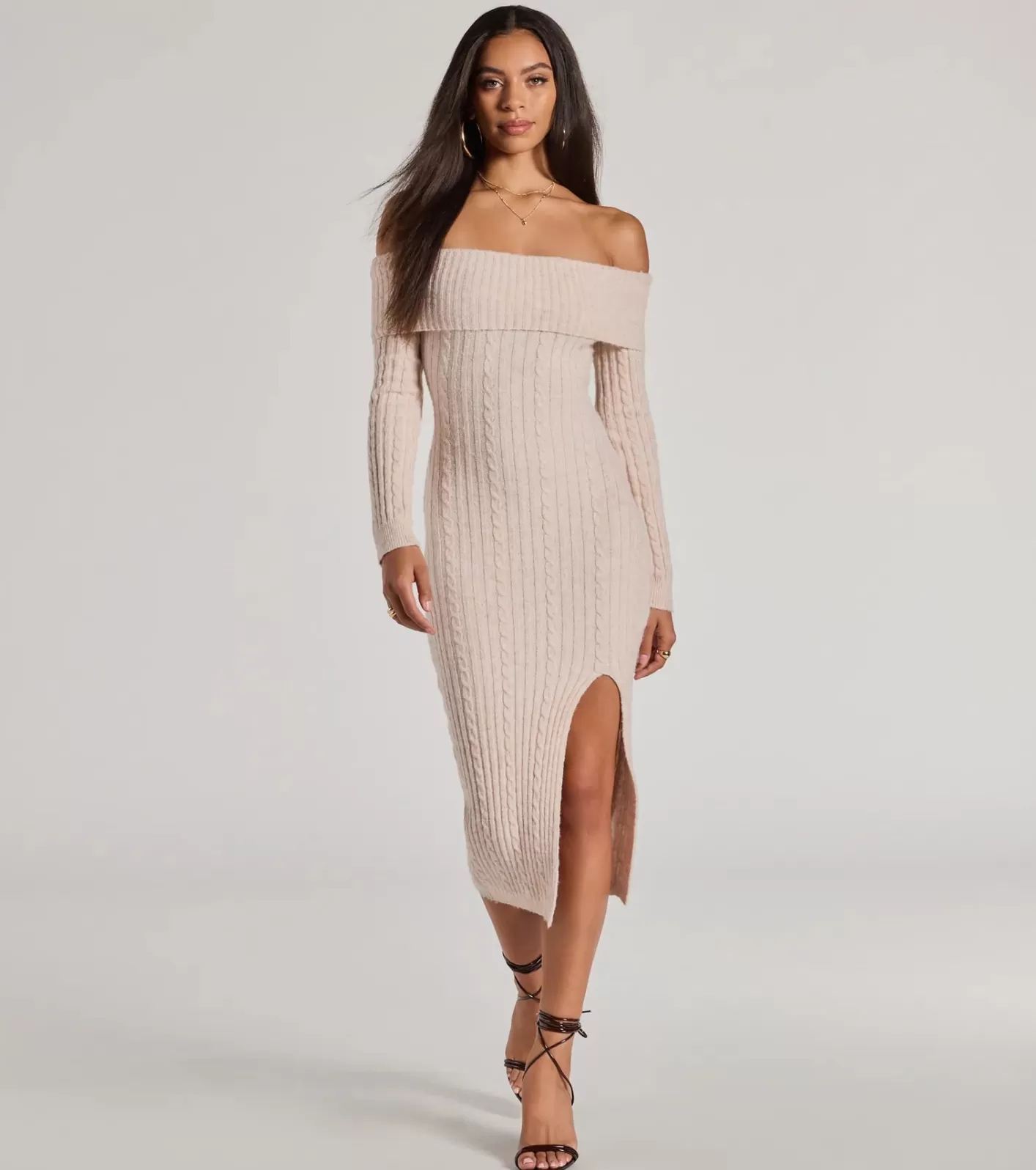 Windsor Cozy Luxe Cable Knit Off-The-Shoulder Midi Dress OATMEAL Cheap
