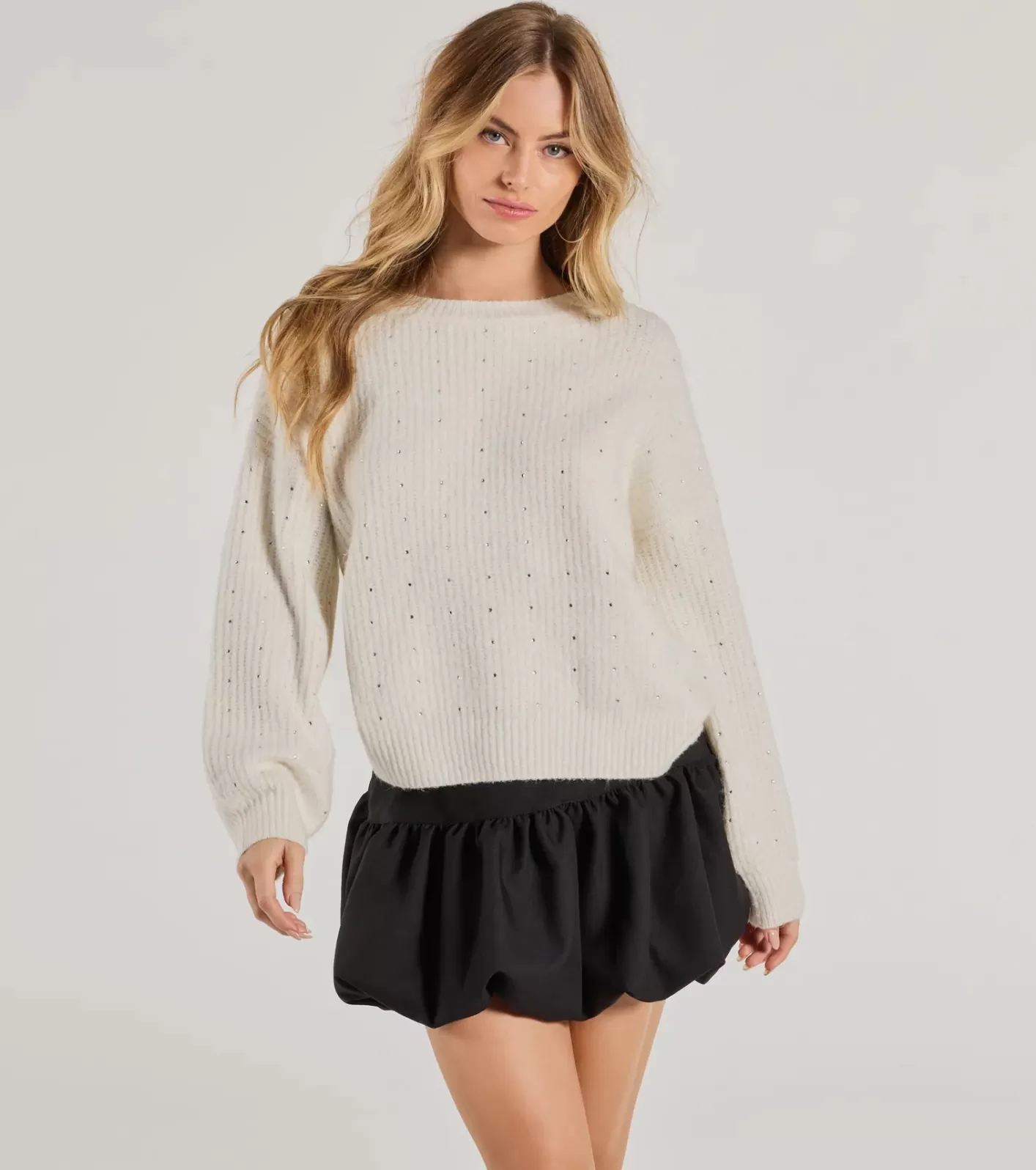 Windsor Cozy Sparkle Rhinestone Ribbed Knit Sweater IVORY Best Sale