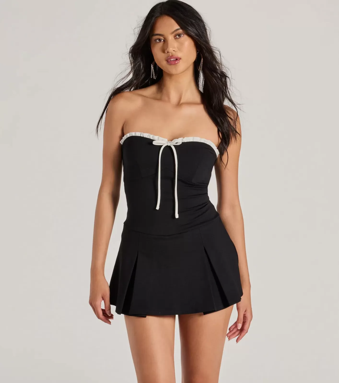 Windsor Cute Charm Strapless Ruffled Bow-Front Skater Romper BLACK Store