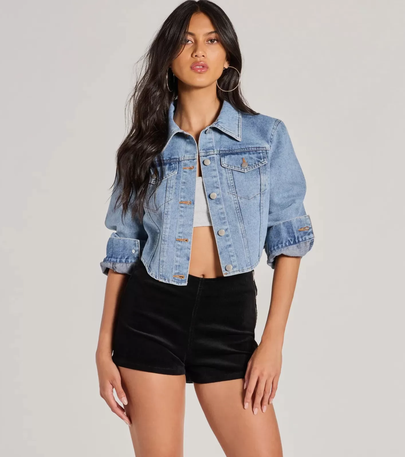 Windsor Cute Classic Button Up Crop Denim Jacket LIGHTDENIM Best Sale