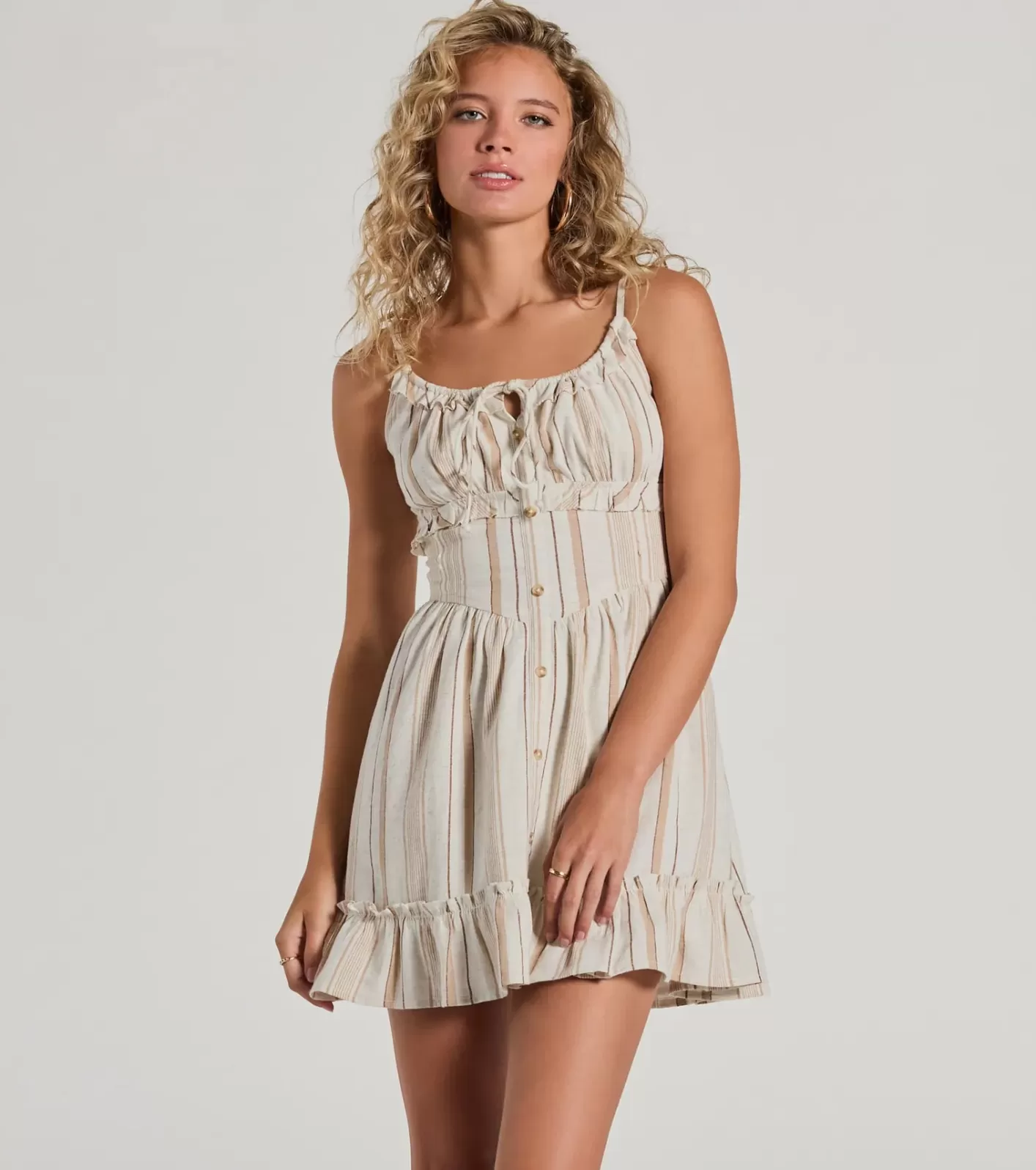 Windsor Cute Style Button Ruffled Striped Linen Skater Dress NATURAL Discount