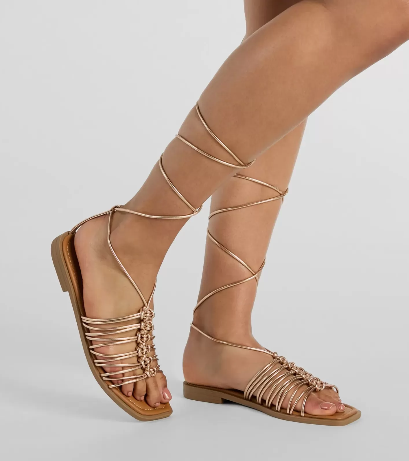 Windsor Cute Trek Strappy Lace-Up Flat Sandals ROSEGOLD Hot